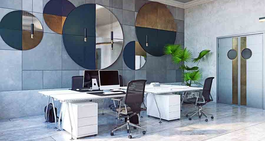 modern office interior design with circle mirrors